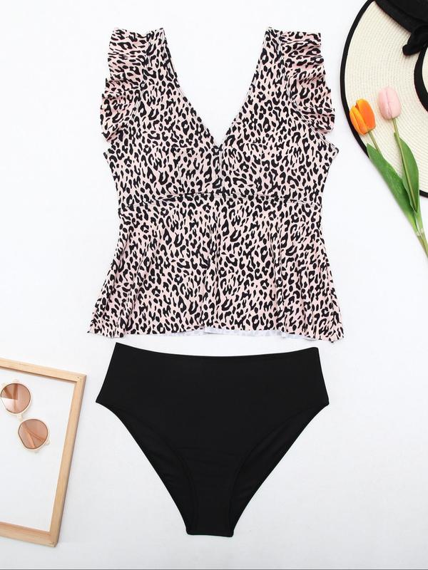 Two-Piece Set Plus Size Leopard Print Tankini Set, Casual Ruffle Trim V Neck Swim Top & Swim Panty Two-piece Swimsuit, Women's Summer Swimwear for Beach Swimming