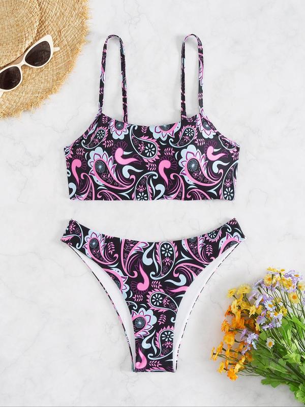 Two-Piece Set Women's Paisley Print Bikinis Set, Adjustable Strap Swim Top & High Cut Swim Bottom, Ladies Summer Swimwear for Beach Holiday Vacation