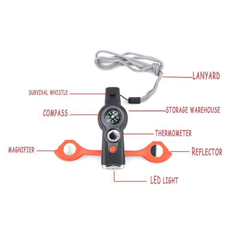 7 in 1 Emergency Safety Whistle with Lanyard, 1 Count Multifunctional Tool, Multi-functional LED Outdoor Compass Hiking Electronic Whistle, Christmas Gift