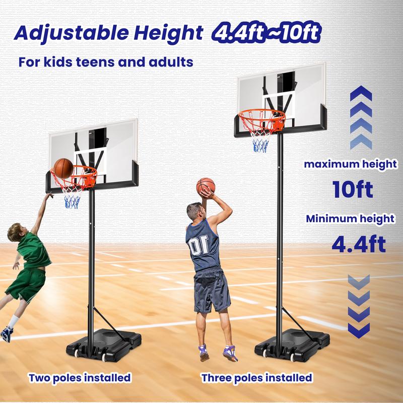 Portable Basketball Hoop with 44in Shatterproof Backboard, 4.4-10ft Height Adjustable Basketball Hoops Stand System for Kids Adults in Outdoor Indoor, with Premium PC Backboard