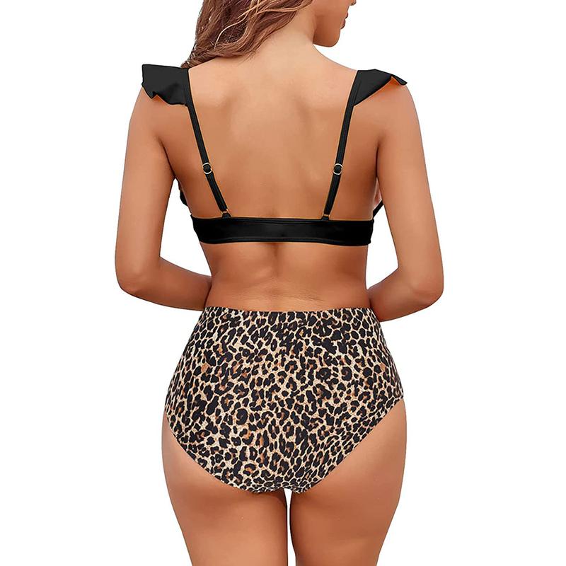 Women Ruffle High Waist Swimsuit Two Pieces Push Up Tropical Print Bikini