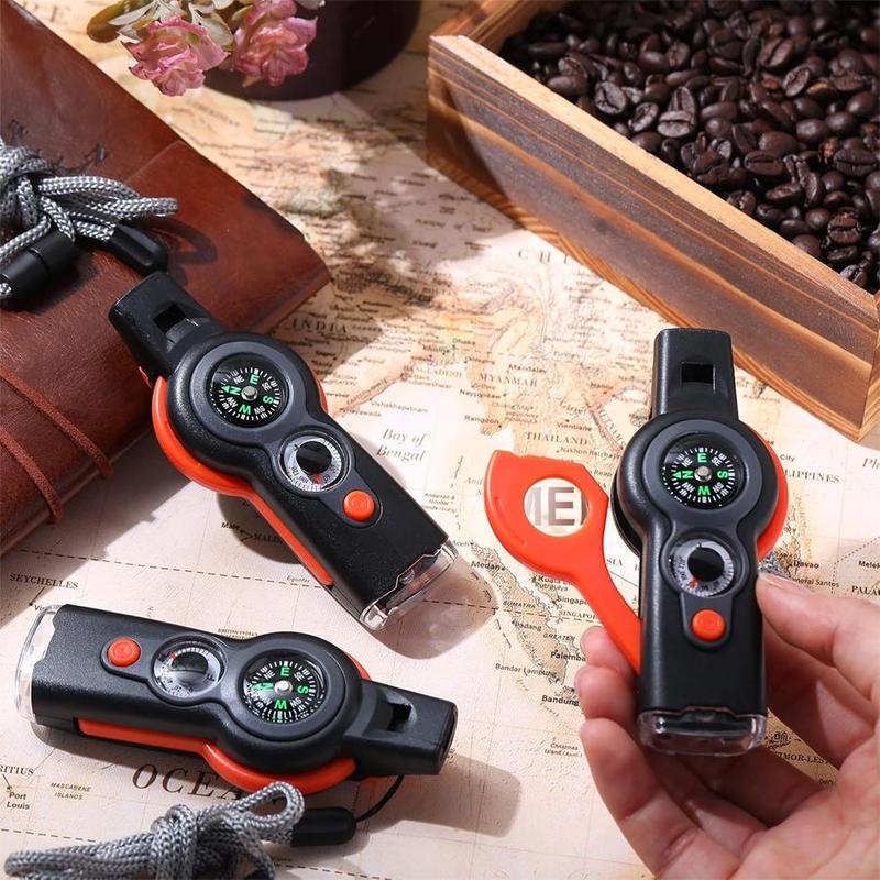 7 in 1 Emergency Safety Whistle with Lanyard, 1 Count Multifunctional Tool, Multi-functional LED Outdoor Compass Hiking Electronic Whistle, Christmas Gift