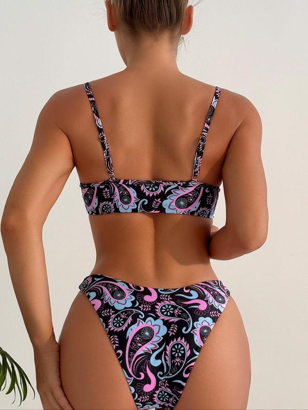 Two-Piece Set Women's Paisley Print Bikinis Set, Adjustable Strap Swim Top & High Cut Swim Bottom, Ladies Summer Swimwear for Beach Holiday Vacation