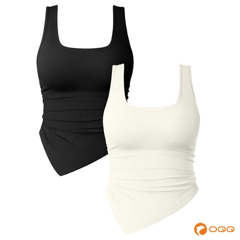 OQQfitness Womenswear Yoga Ribbed Workout Ruched Stretch Sleeveless Tank Tops