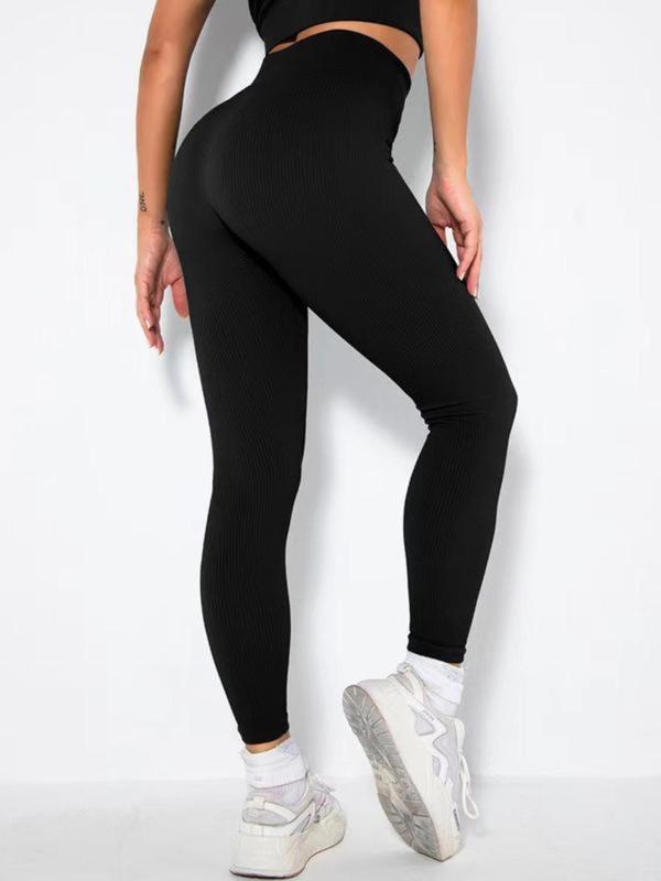 Women's Solid High Waist Sports Leggings, Sporty Comfy Breathable Ribbed Skinny Pants for Yoga Gym Workout, Ladies Sportswear for All Seasons