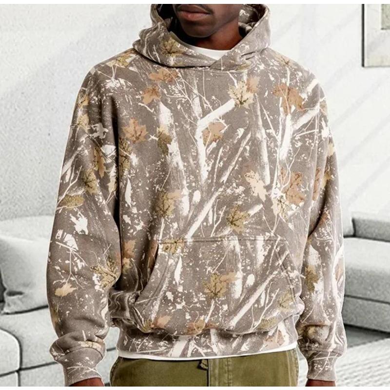 2024 Unisex Oversized Camo Fleece Hoodie Long Sleeve Drop Shoulder Hooded Sweatshirt Pullover With Pocket,Printed MapleLeaf Fashion Clothing Menswear