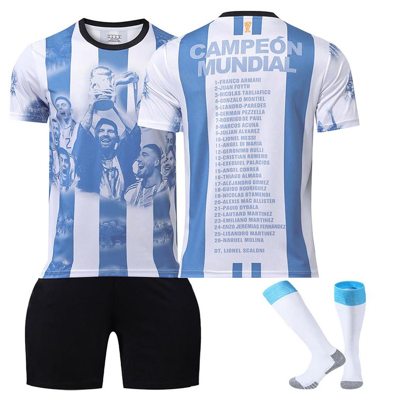 23-24 Argentina Commemorative Soccer  Jersey 3 Piece Set, Home Game Soccer Training Kit Printed Jersey Shorts Socks Set