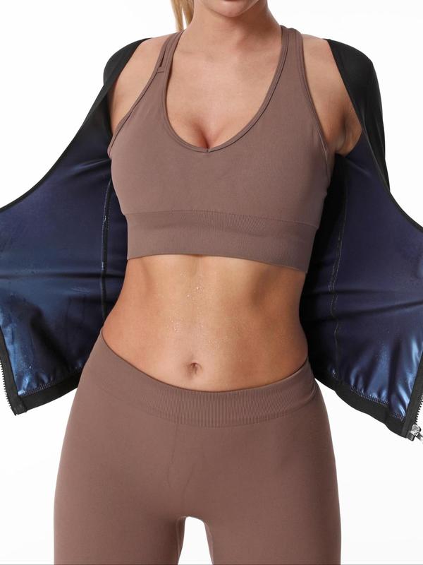 Women's Zip Up Sweat Sauna Top, Long Sleeve Zip Front Workout Top, Sportswear Clothing for Indoor Outdoor Wear