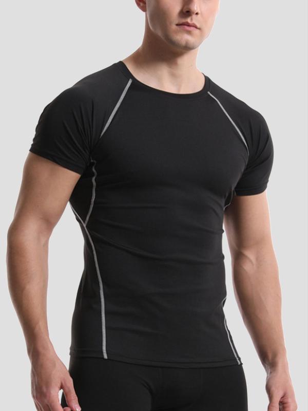 Men's Solid Raglan Sleeve Top Stitching Sports Tee, Breathable High Stretch Round Neck T-shirt for Running, Gym, Workout, Men's Sportswear for Summer