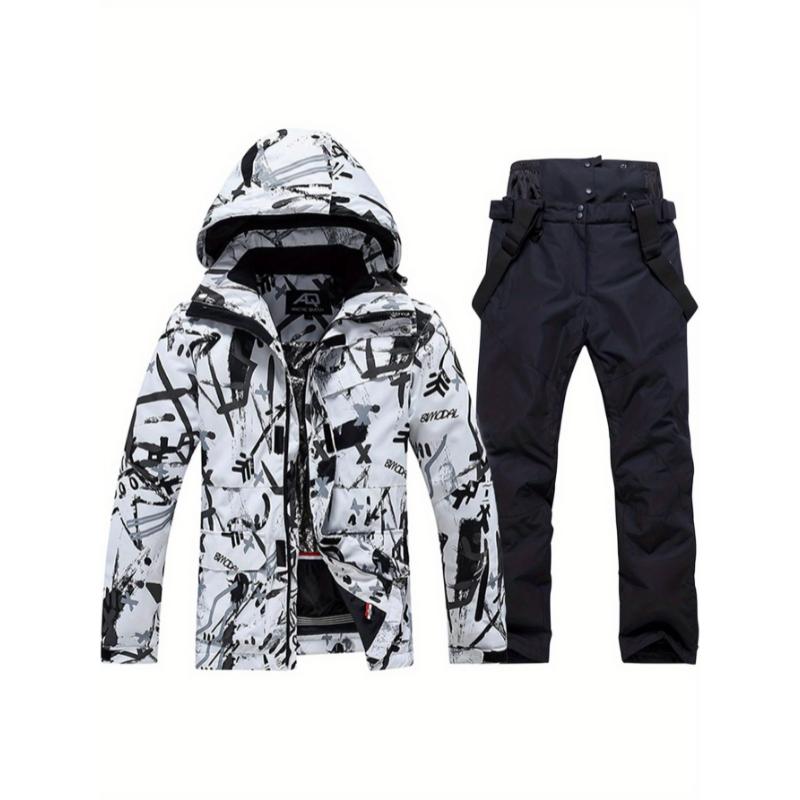 Mens Winter Ski Jacket and Pants Set Trendy Printed Windproof Waterproof Coldproof Warm Ski Suit Snow Sports Snowboard with Zipper Pocket Top and Pants Set