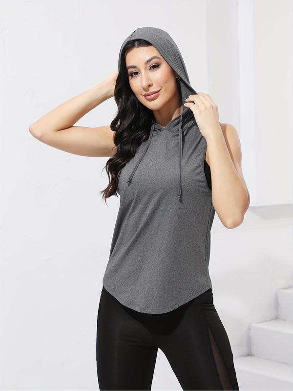 Women's Solid Drawstring Sleeveless Sports Hoodie, Casual Sporty Sleeveless Hooded Sweatshirt for Daily Outdoor Wear, Ladies Sportswear for All Seasons