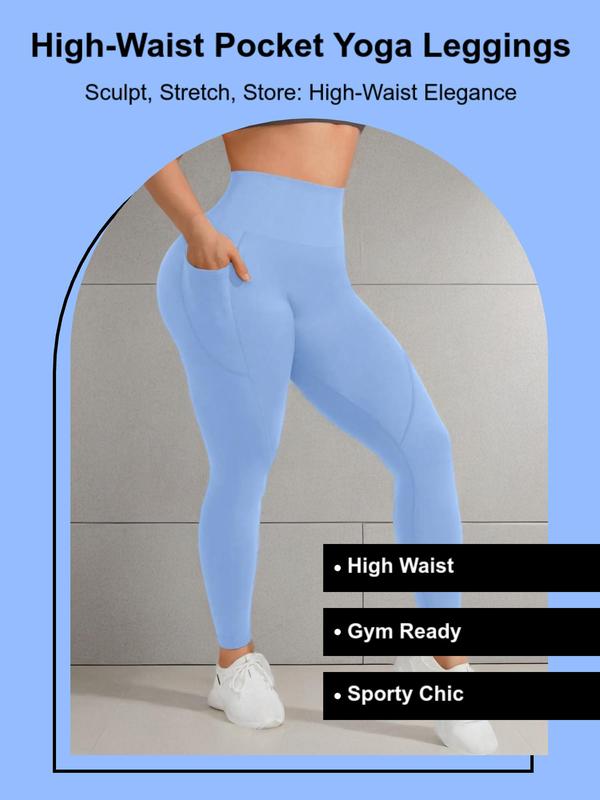 Women's Solid High Waist Pocket Sports Leggings, Sporty Comfy Breathable Skinny Pants for Yoga Gym Workout Running, Ladies Sportswear for All Seasons, Tummy Control