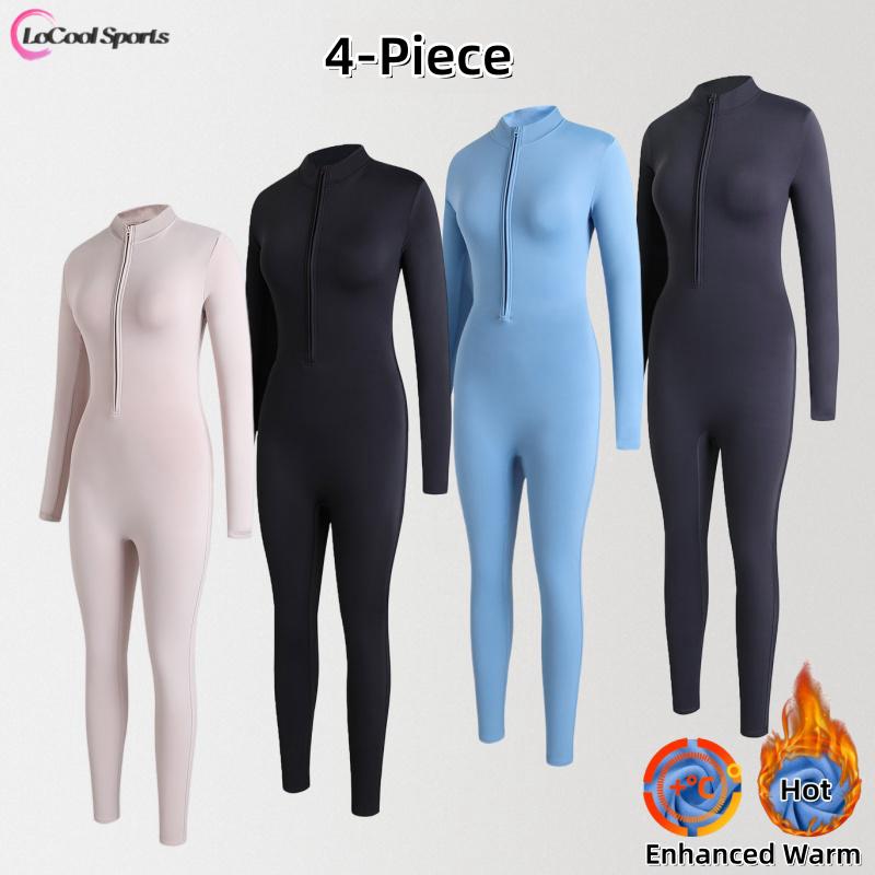 4-Piece Women's Fleece-Lined Full BodyShaper Jumpsuit-High ElasticityThermal Bodysuit for WarmthRetention ldealfor Winter Sports Skiing Cycling and Outdoor Activities