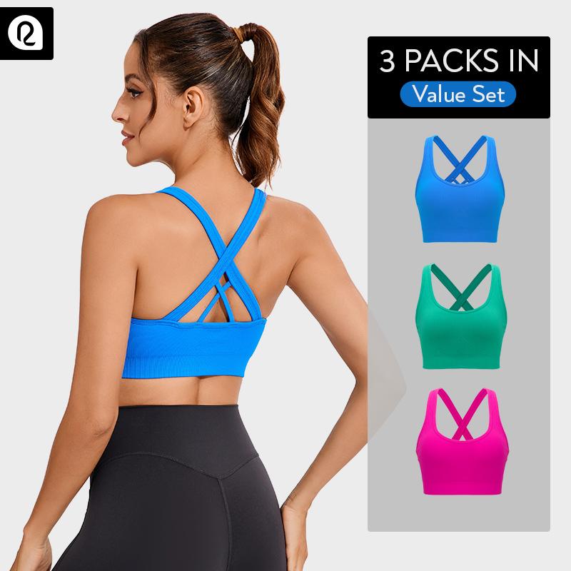 RUNNING GIRL Women's High Support Sports Bra 3-Pack – Seamless Ribbed Knit, Criss-Cross Back, Removable Cups, Ultra-Stretch, Moisture-Wicking, Naked Feeling Yoga Sports Bra