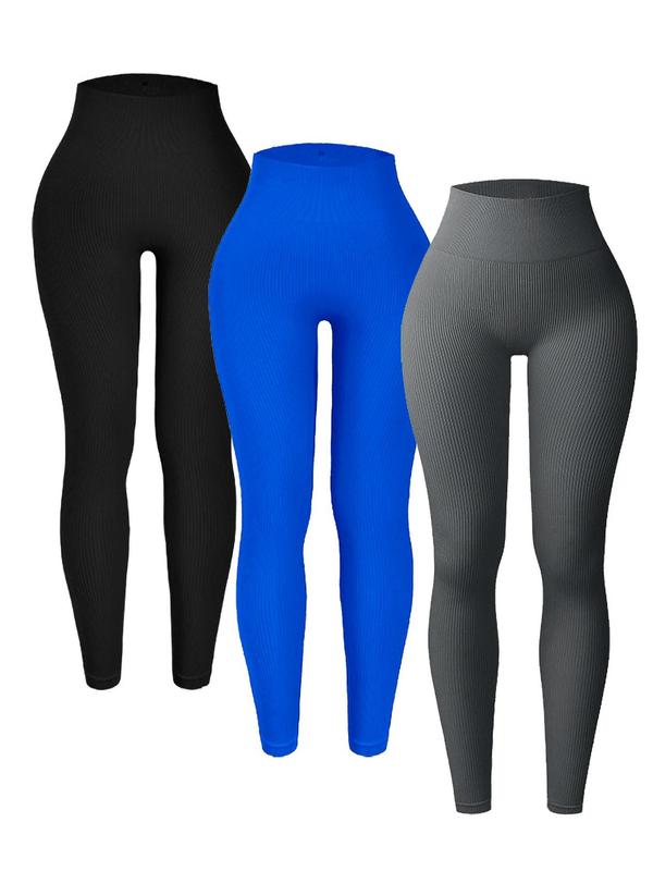 Women's Solid High Waist Sports Leggings, Sporty Comfy Breathable Ribbed Skinny Pants for Yoga Gym Workout, Ladies Sportswear for All Seasons