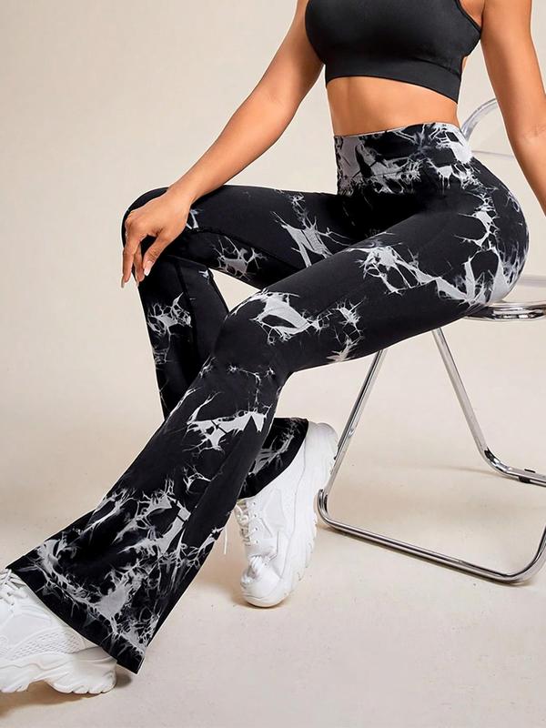 Women's Tie Dye Print Ruched High Waist Sports Flare Leg Leggings, High Stretch Seamless Flare Leg Yoga Leggings, Ladies Sportswear for Training Running Yoga, Tummy Control