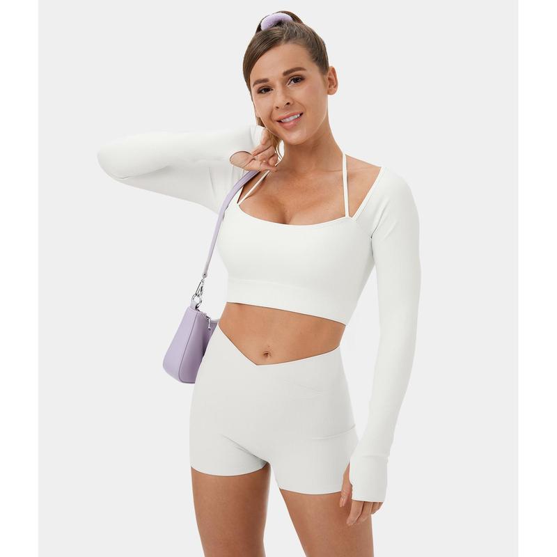 Halara Ribbed Halter Strap Thumb Hole Cropped Yoga Sports Top