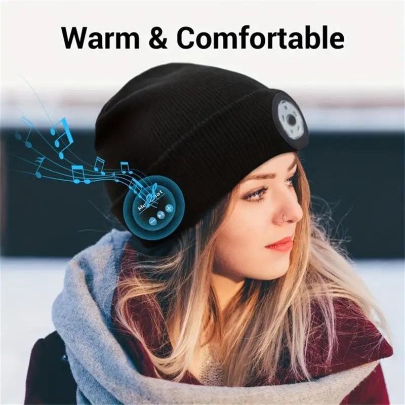 Bluetooth Beanie Hat with LED Light Wireless Musical Knitted Cap with Headphone Stereo Speakers & Mic for Running Hiking Jogging Christmas Gifts for Men Women Black