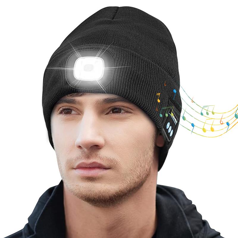 Bluetooth Beanie Hat with LED Light Wireless Musical Knitted Cap with Headphone Stereo Speakers & Mic for Running Hiking Jogging Christmas Gifts for Men Women Black