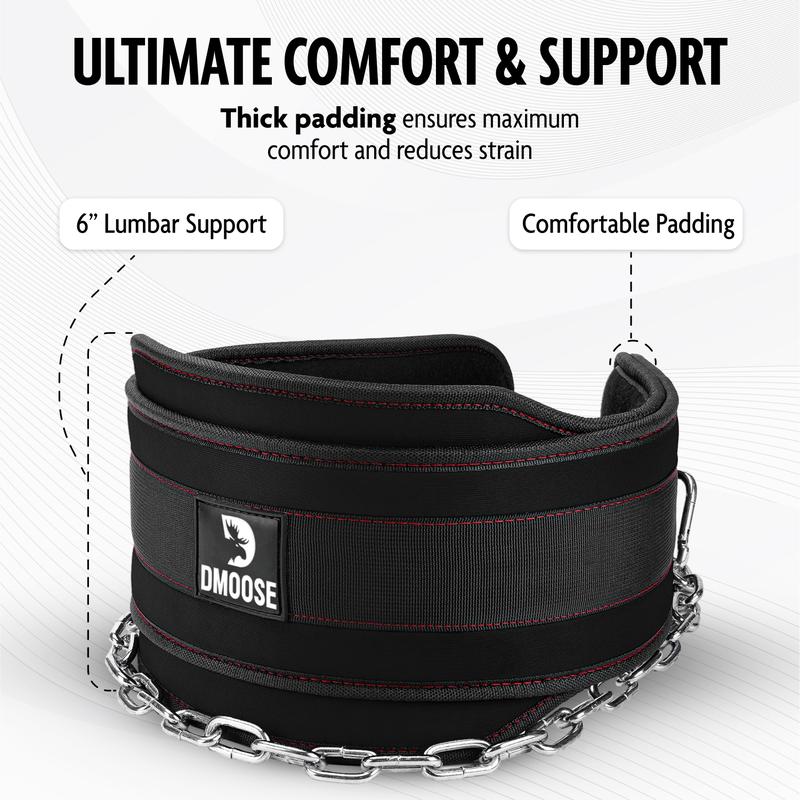 DMoose Dip Belt with Chain for Weightlifting, Pull-Ups and Dips - 6-inch Lumbar Support for Added Comfort