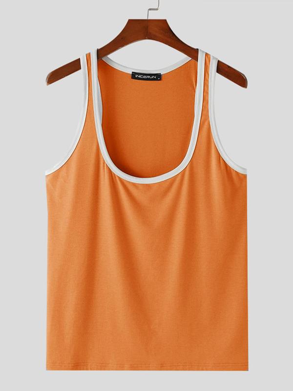 Men's Contrast Binding U Neck Tank Top, Loose Casual Sleeveless Top for Summer, Men's Clothes for Gym Workout Running