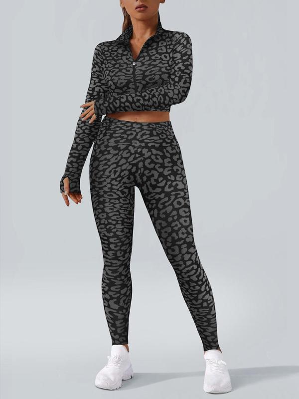 Two-Piece Set Women's Leopard Print Zip Up Crop Jacket & High Waist Leggings Tracksuit Set, Sporty Long Sleeve Top & Skinny Pants for Gym Workout Running, Ladies Fall & Winter Sportswear