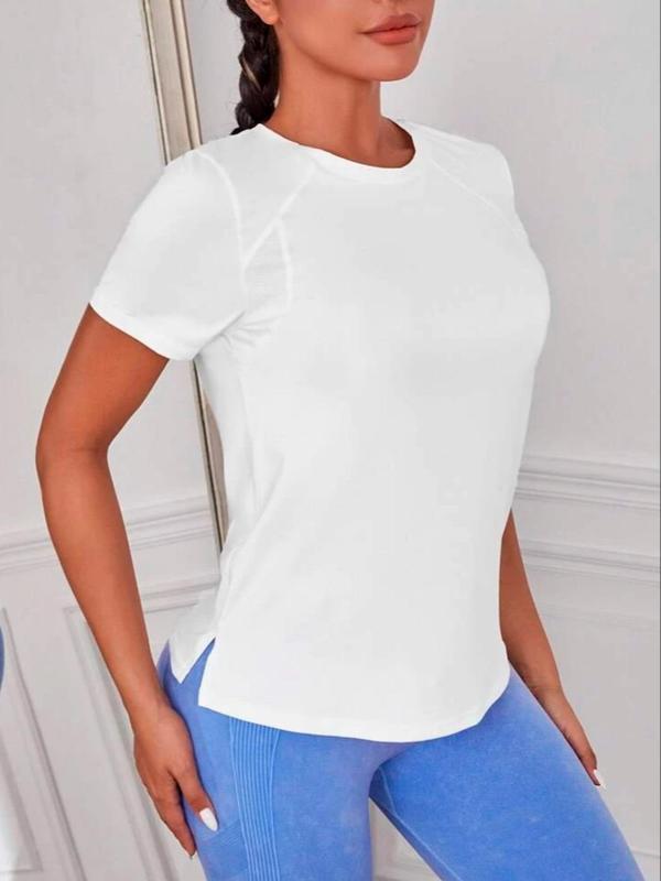 Women's Plain Split Hem Round Neck Sport Tee, Quick Drying Breathable Short Sleeve T-shirt for Yoga Gym Workout, Ladies Sportswear Clothing for Summer