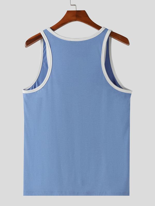 Men's Contrast Binding U Neck Tank Top, Loose Casual Sleeveless Top for Summer, Men's Clothes for Gym Workout Running