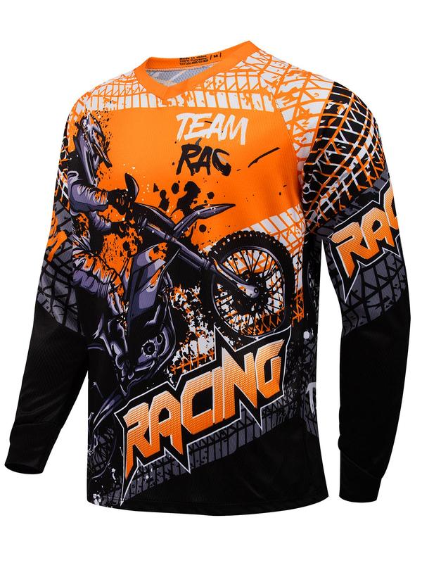 Men's All Over Print Long Sleeve Sports Tee, Regular Fit Casual Sporty Quick Drying T-shirt for Outdoor Cycling, Men's Sportswear for All Seasons