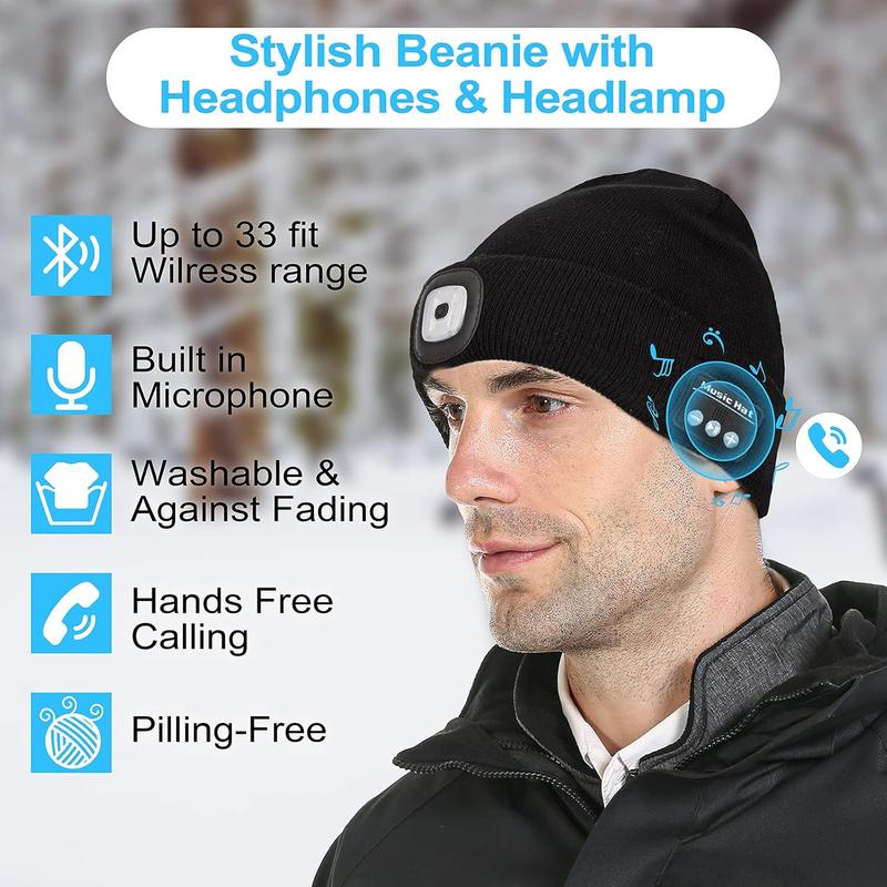 Bluetooth Beanie Hat with LED Light Wireless Musical Knitted Cap with Headphone Stereo Speakers & Mic for Running Hiking Jogging Christmas Gifts for Men Women Black