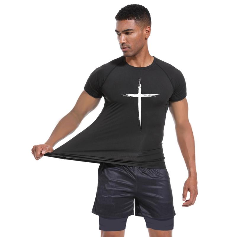 Men's Cross Print Compression Sports T-Shirt - Quick Drying Summer Hoodie for Gym Workouts