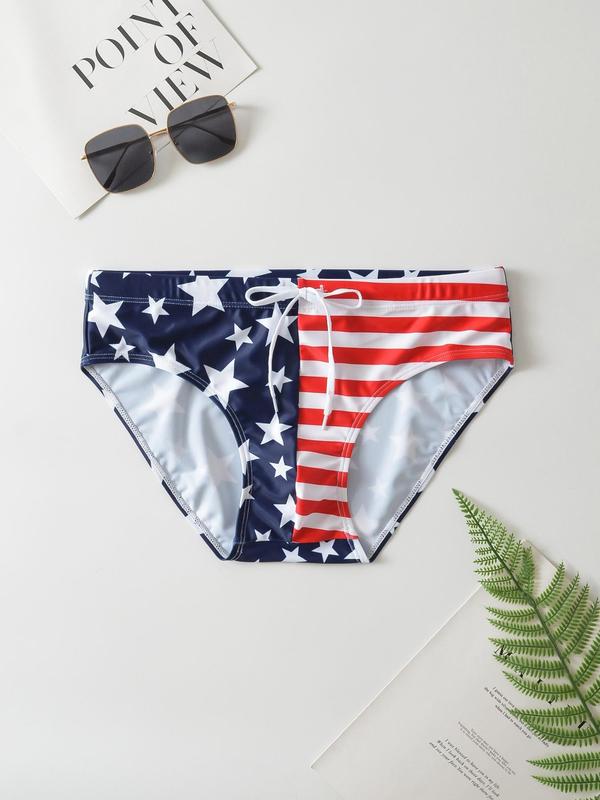 Men Swim Trunks, Men's Striped & Star Print Drawstring Waist Swim Panty, Casual Sporty Swimwear for for Men Summer Beach Vacation, Men's Swim Shorts for All Seasons, Men's Swimwear, Menswear