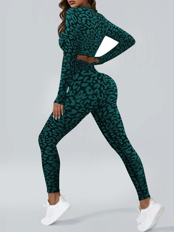 Two-Piece Set Women's Leopard Print Zip Up Crop Jacket & High Waist Leggings Tracksuit Set, Sporty Long Sleeve Top & Skinny Pants for Gym Workout Running, Ladies Fall & Winter Sportswear