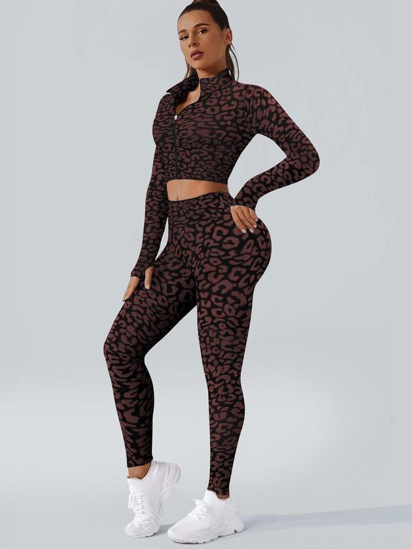 Two-Piece Set Women's Leopard Print Zip Up Crop Jacket & High Waist Leggings Tracksuit Set, Sporty Long Sleeve Top & Skinny Pants for Gym Workout Running, Ladies Fall & Winter Sportswear