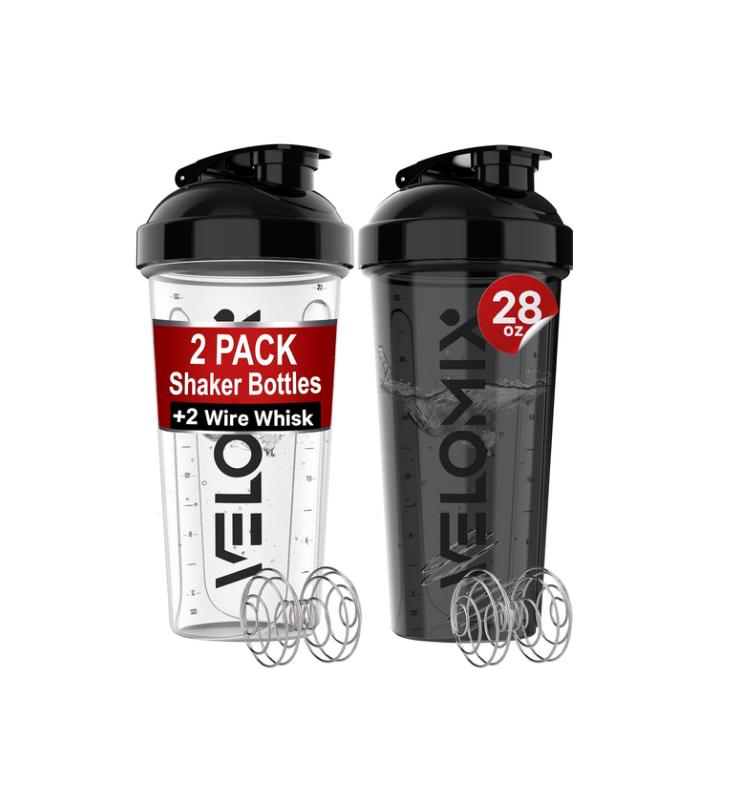 2 Pack- 28 oz Protein Shaker Bottles for Protein Mixes - 2x Wire Whisk | Leak Proof Shaker Cups for Protein Shakes | Protein Shaker Bottle Pack | Shakers for Protein Shakes-Black&Transparent