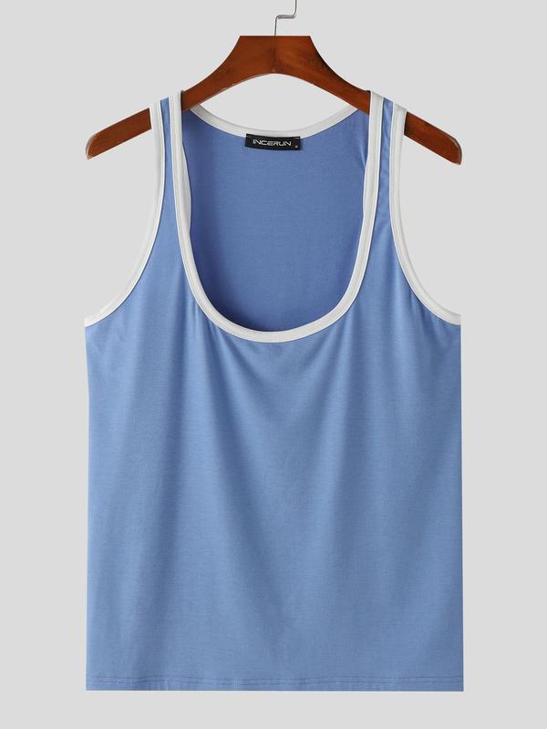 Men's Contrast Binding U Neck Tank Top, Loose Casual Sleeveless Top for Summer, Men's Clothes for Gym Workout Running