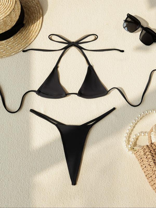 Women's Plain Halter Bikinis Set, Casual Tie Back Triangle Swim Bra & Ring Linked Swim Thong Swimwear Set, Gothic Bikini, Fashion Chic Ladies Bathing Suit for Summer Beach Holiday Vacation