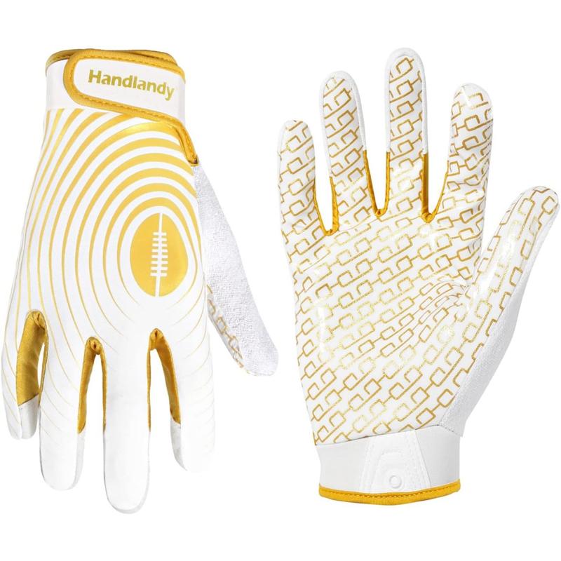 HANDLANDY Youth Football Gloves, Sticky Wide Receiver Gloves for Kids & Adult, White and Gold Stretch Fit Football Gloves