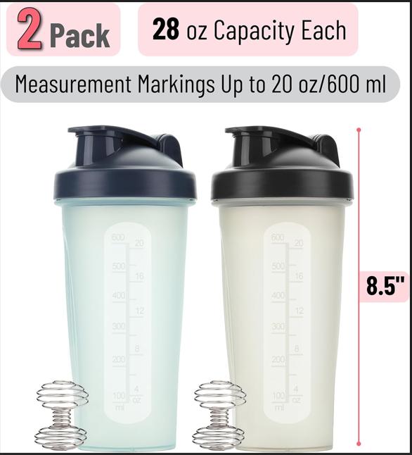 28 oz Shaker Bottles for Protein Mixes, 2-Pack, Assorted Colors, with Wire Whisk Ball for Mixing