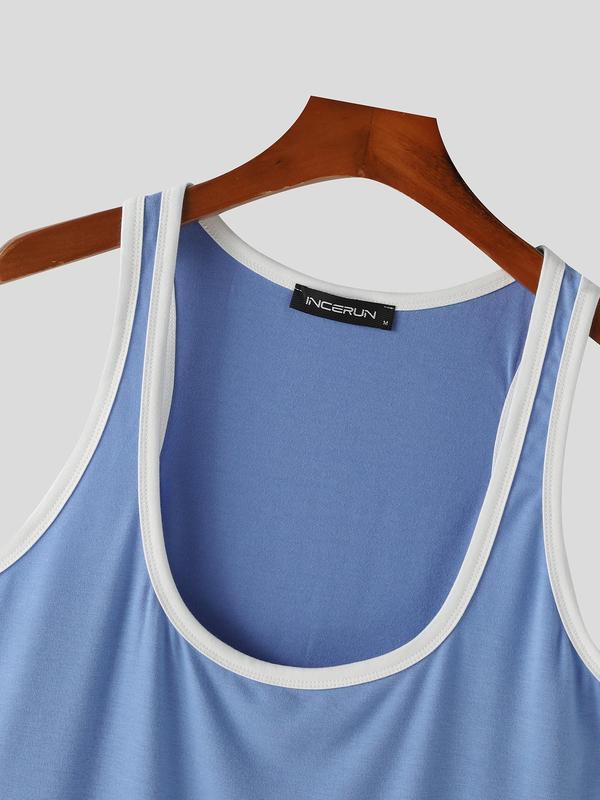 Men's Contrast Binding U Neck Tank Top, Loose Casual Sleeveless Top for Summer, Men's Clothes for Gym Workout Running