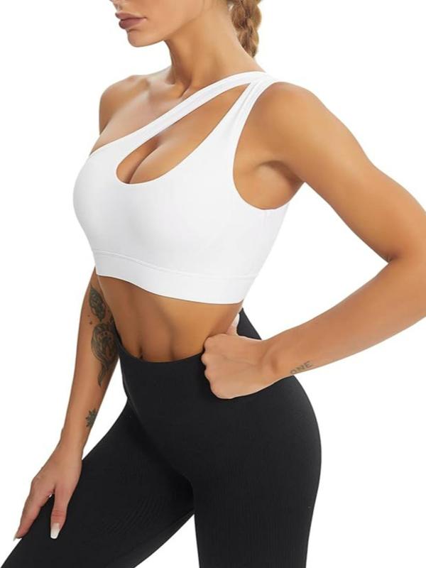 Sporty Women's Plain Cut Out One Shoulder Sports Bra, Solid Color Breathable Comfortable Sports Lingerie Top, Ladies Sportswear for Workout Yoga