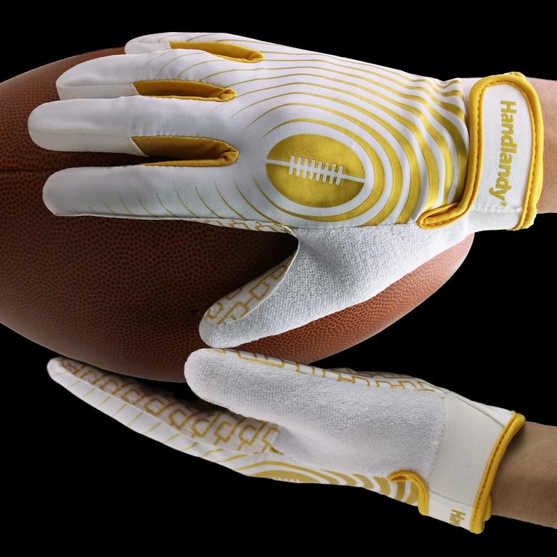 HANDLANDY Youth Football Gloves, Sticky Wide Receiver Gloves for Kids & Adult, White and Gold Stretch Fit Football Gloves