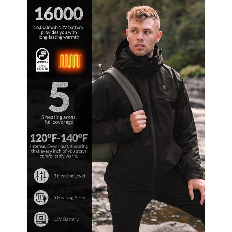 ANTARCTICA GEAR Heated Jacket, Ski Jacket Coat, With 12V 16000mAh Battery Pack, 5 Areas Heating Thicken Men Women Winter Coat