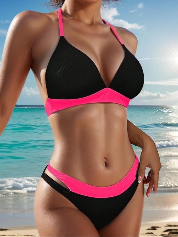 Two-Piece Set Women's Colorblock Contrast Binding Bikinis Set, Tie Back Wireless Swim Bra with Removable Pads Design & Cut Out High Cut Swim Panty, Ladies Swimwear for Summer Beach Holiday Vacation