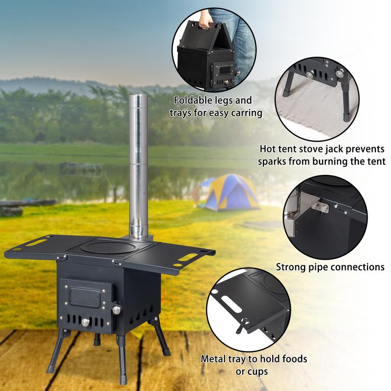 Camping Wood Burning Stove Portable Cast Iron Wood Stove with Stainless Chimney Pipes Foldable Tent Stove for Outdoor Cooking Heating with Wood Hook and Gloves, normal, black