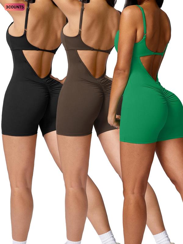 Women's Cut Out Backless Sports Tummy Control Romper, Sporty Ruched Sleeveless Bodycon Romper, Ladies Sportswear for Workout Yoga Fitness, Fall Outfits, Fallfreshness