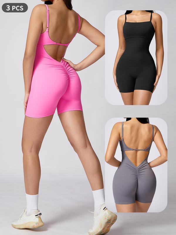 Women's Cut Out Backless Sports Tummy Control Romper, Sporty Ruched Sleeveless Bodycon Romper, Ladies Sportswear for Workout Yoga Fitness, Fall Outfits, Fallfreshness