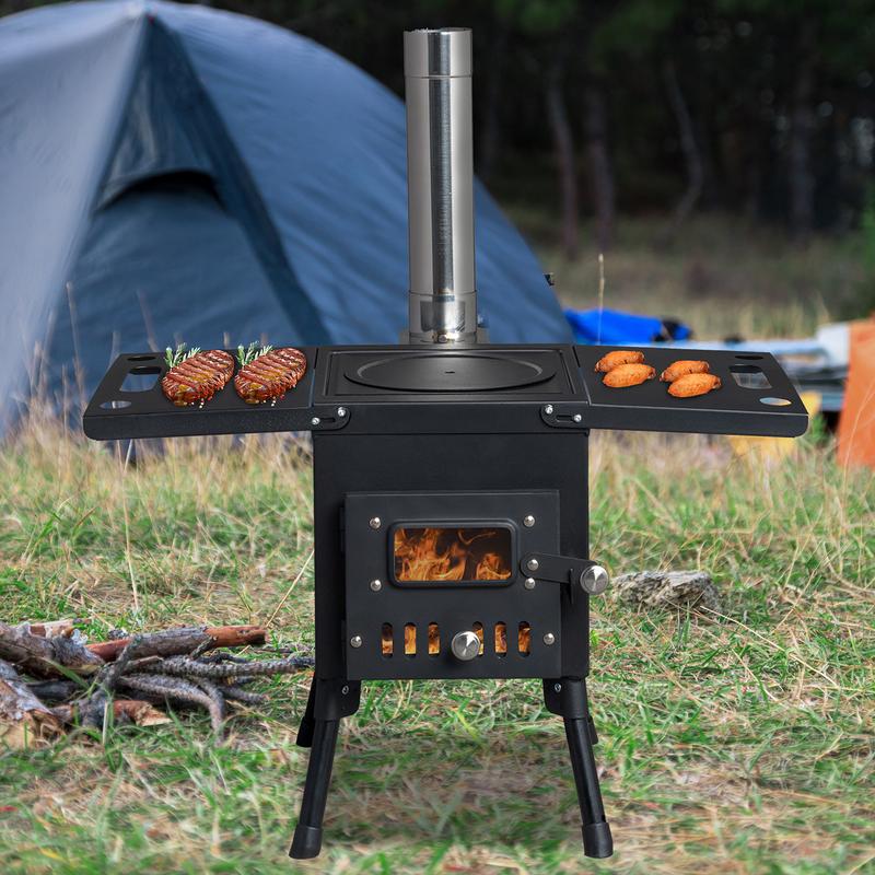 Camping Wood Burning Stove Portable Cast Iron Wood Stove with Stainless Chimney Pipes Foldable Tent Stove for Outdoor Cooking Heating with Wood Hook and Gloves, normal, black