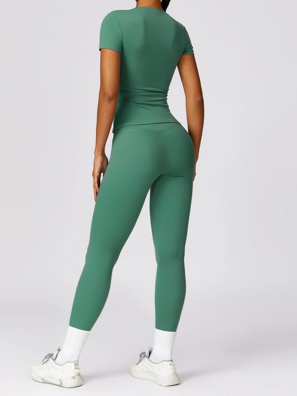 Women's Plain Color Sports Set, Short Sleeve T-shirt and High Waist Leggings Tracksuit for Yoga Gym Workout - Round Neck, Womenswear