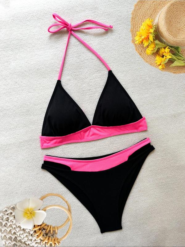 Two-Piece Set Women's Colorblock Contrast Binding Bikinis Set, Tie Back Wireless Swim Bra with Removable Pads Design & Cut Out High Cut Swim Panty, Ladies Swimwear for Summer Beach Holiday Vacation